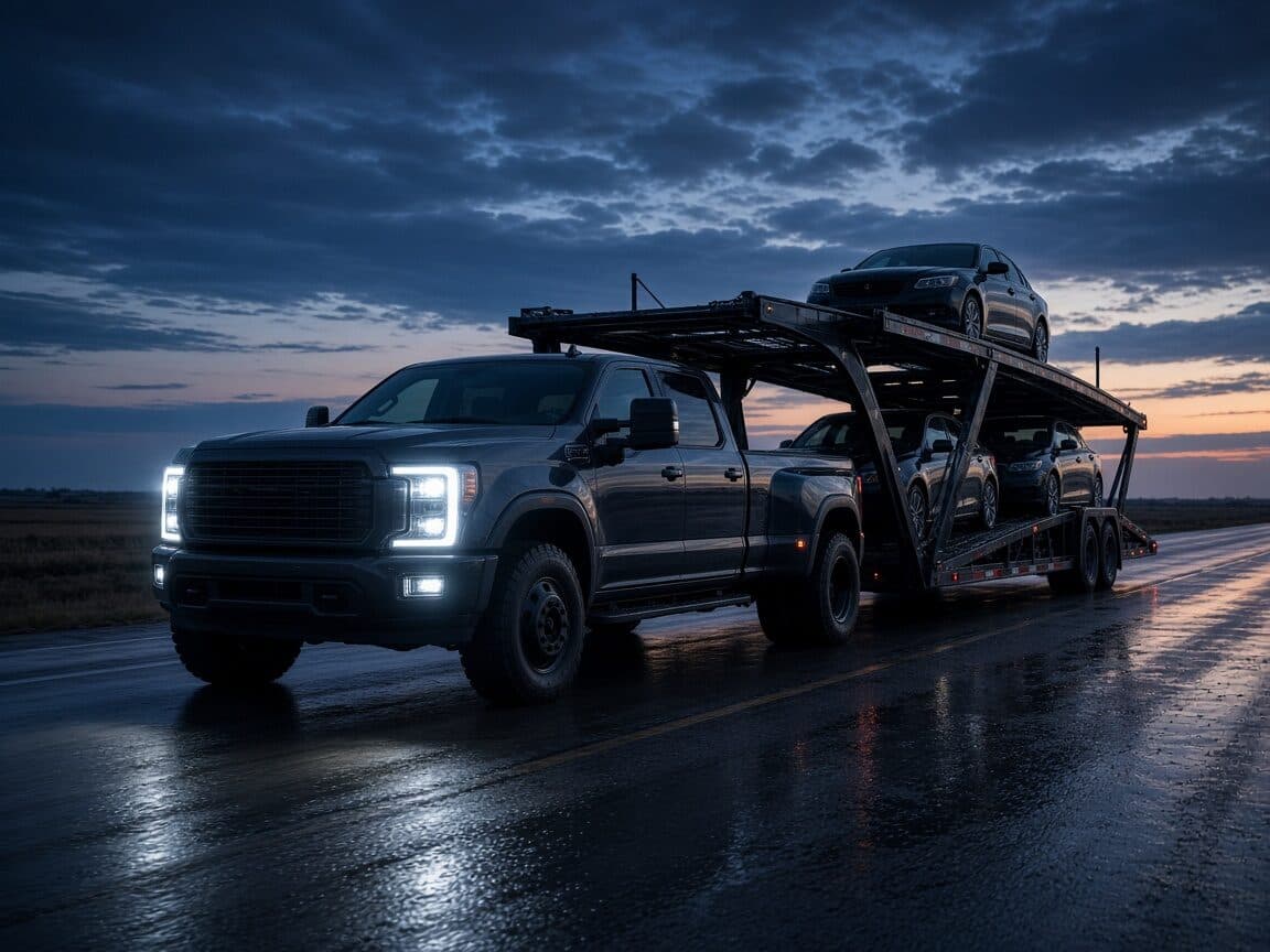 Pickup truck pulling a loaded two-level car hauler trailer on a highway at dusk